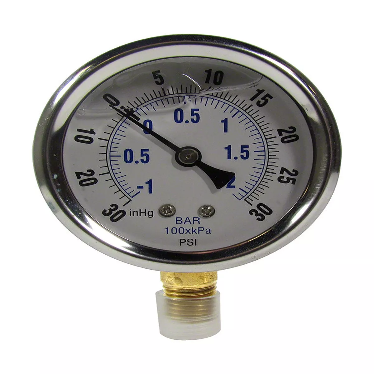 -30 to 30 PSI Liquid Filled Vacuum/Pressure Gauge – 1/4 Inch Bottom Mount – 2-1/2 Inch Face – Stainless Steel Case
