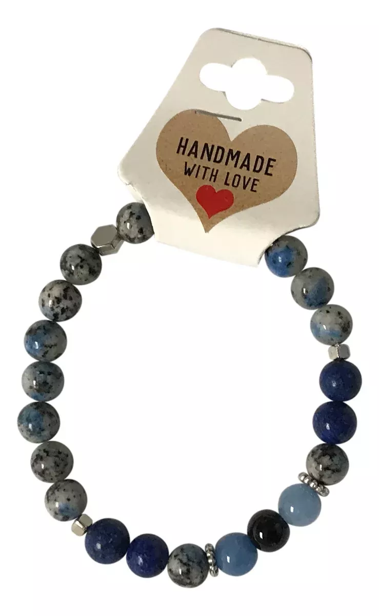 Blue Gemstone Beaded Bracelet, Navy and Gray Stretch Stackable Jewelry Handmade Minimalist Natural Stone Stackable Gift for Her