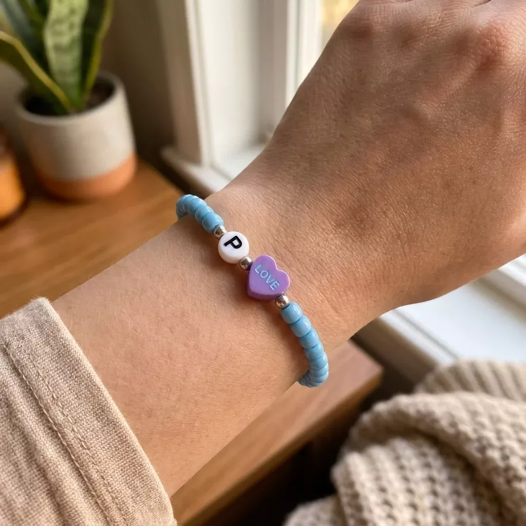 Blue Seed Bead Bracelet with Heart Charm and Initial Letter — Handmade Stretch Bracelet, Cute Stackable Jewelry Personalized Gift