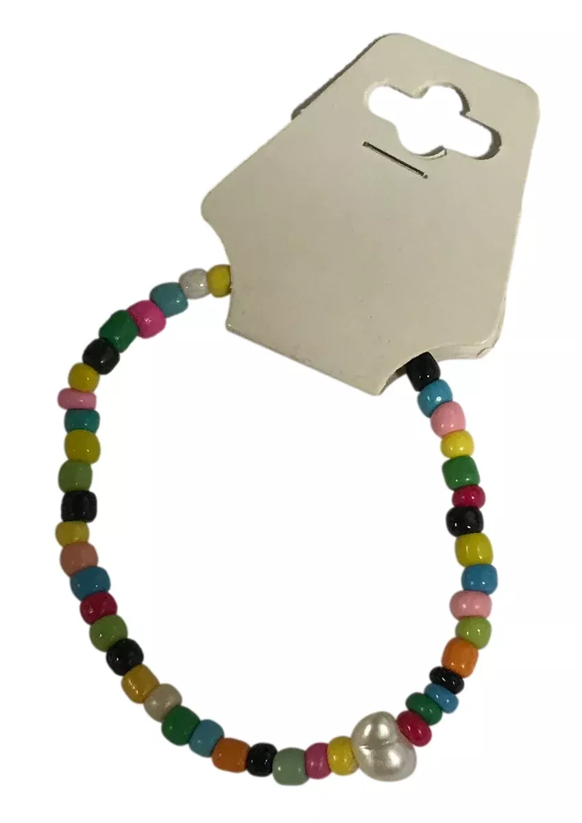 Colorful Boho Beaded Bracelet – Rainbow Beads with White Centerpiece, Handmade Elastic Casual Jewelry