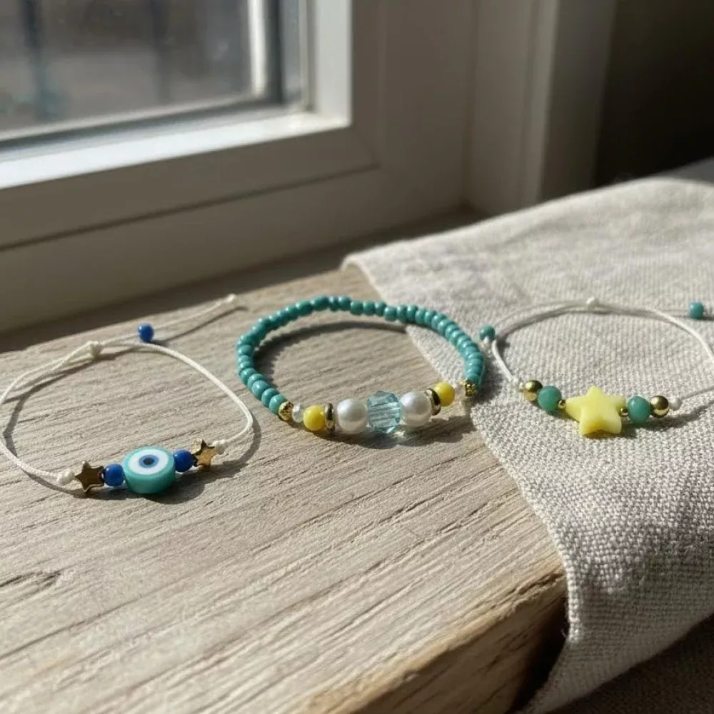 Evil Eye Star Bracelet Set, Turquoise Beach Friendship Bracelets, Handmade Coastal Jewelry Gift for Her