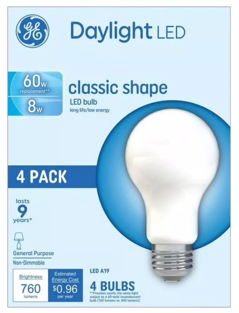 GE 99192 60W Lumen A19 Replacement General Purpose LED Daylight Bulbs, 4-Pack