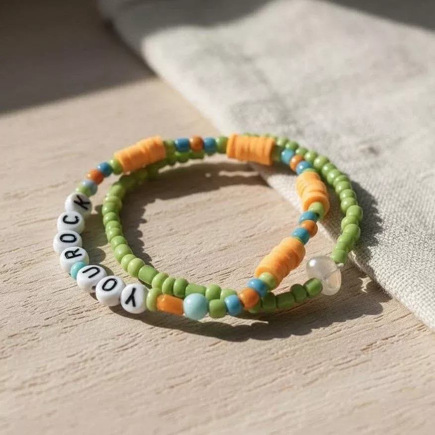 Green and Orange You Rock Letter Beads Bracelet Set, Handmade Stackable Jewelry, Personalized Gift For Her