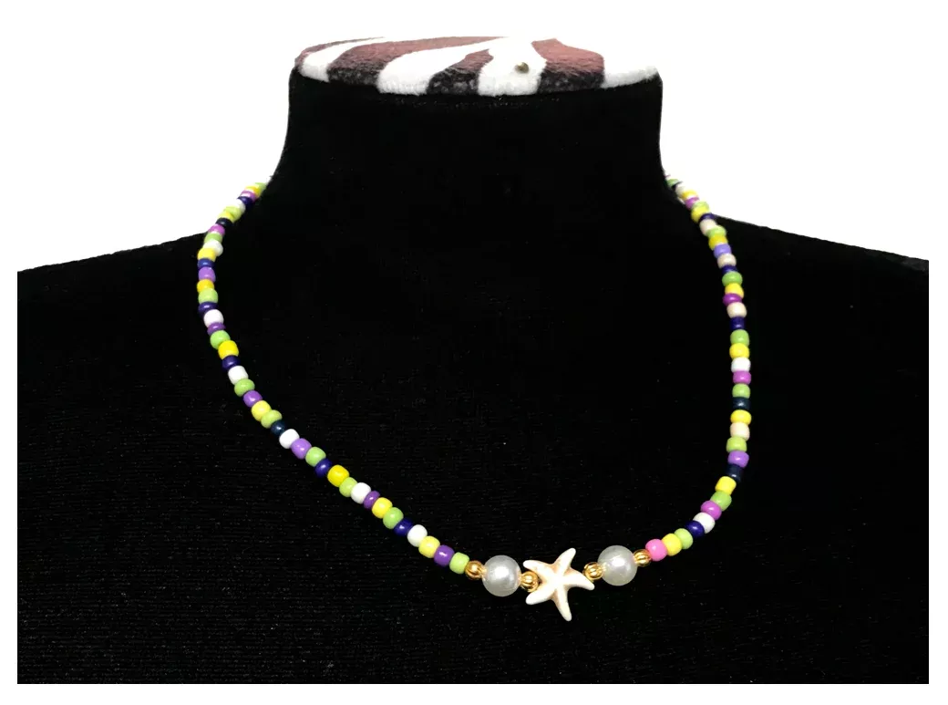 Handcrafted Coastal Starfish Beaded Necklace, Metal-Plated Clasp w/ Extension Chain