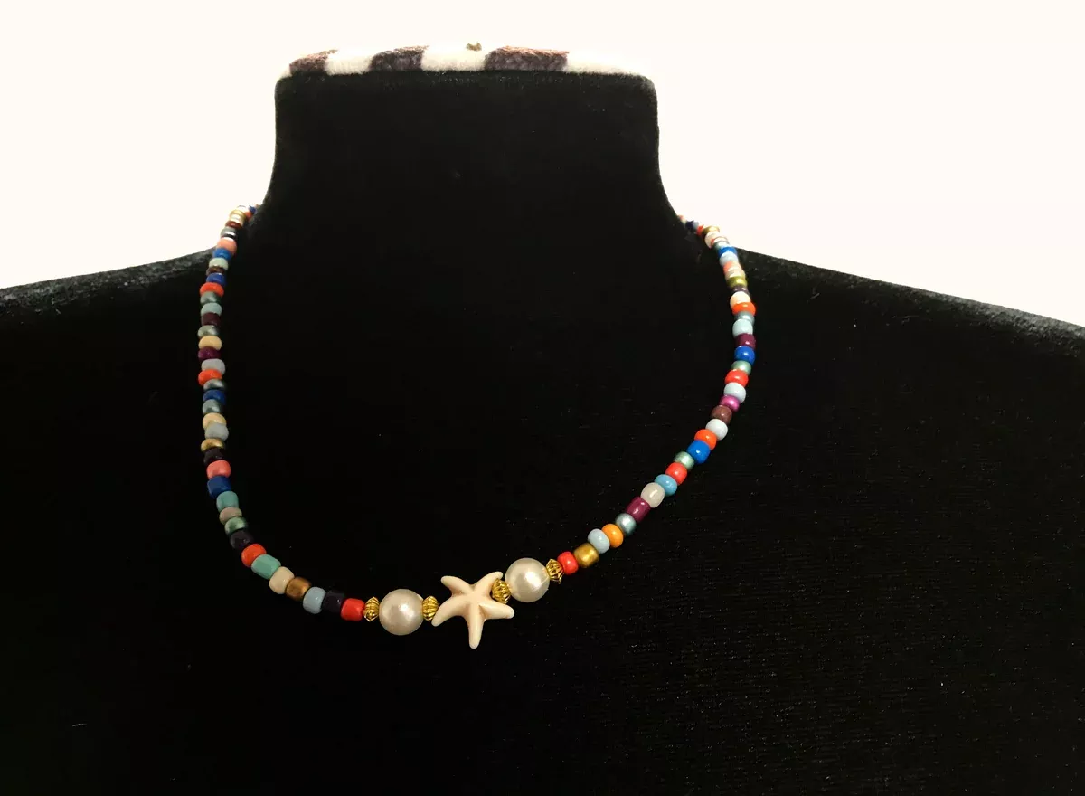 Handmade Beaded Necklace -Multicolor, Starfish Charm and Faux Pearls