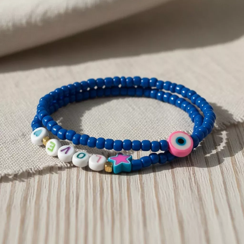Handmade Blue Beaded Bracelet Set with Evil Eye Charm— Personalized Friendship Gift For Her, Stackable Stretch Jewelry