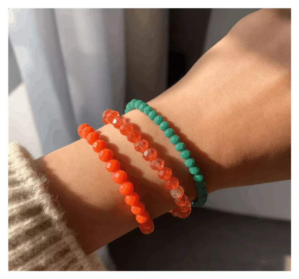 Handmade Bright Orange, Dark Teal, Sparkling Orange Beaded Bracelet, Summery Stackable Jewelry