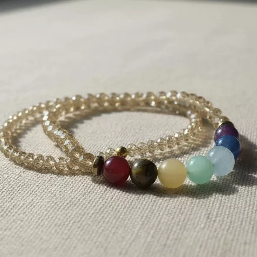 Handmade Chakra Beaded Bracelet Set, Crystal Stretch Multicolor Gemstone Jewelry, MInimalist Style Gift for Her