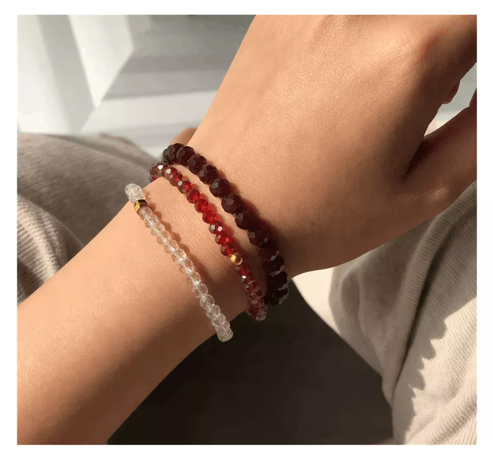 Handmade Deep Brown, Ruby, Clear Beaded Bracelet, Passion & Purity Stack Jewelry