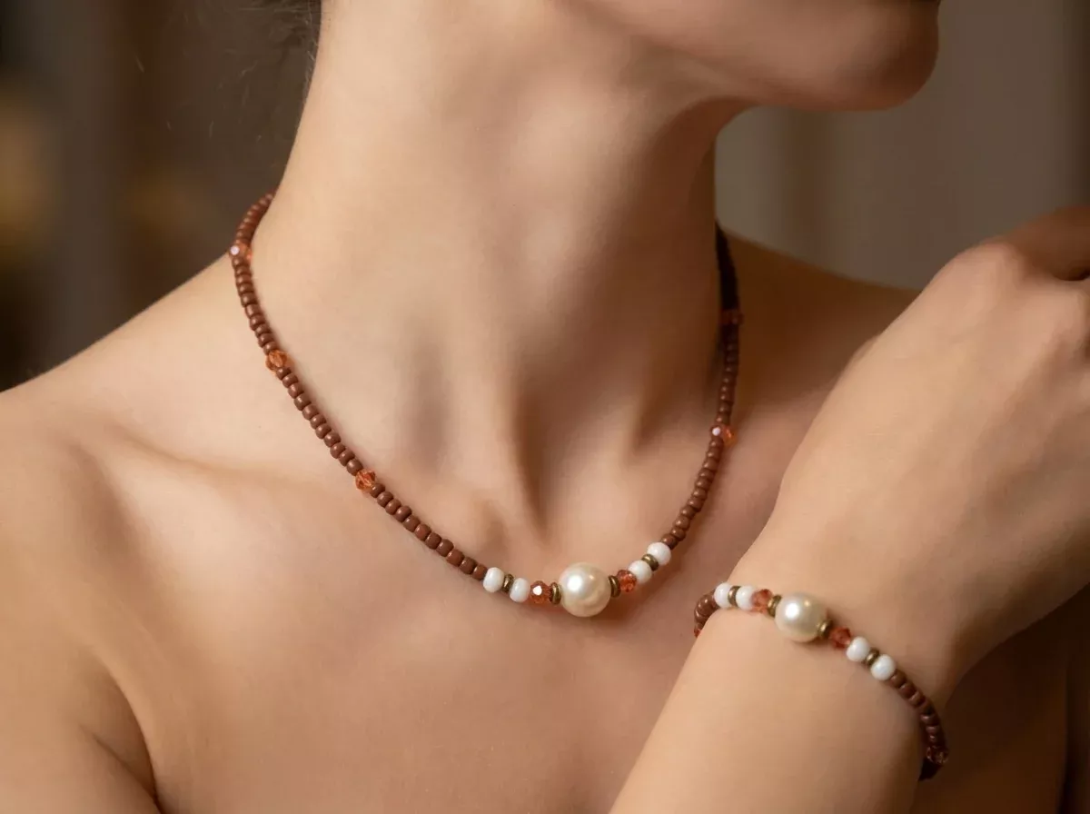 Handmade Faux Pearl Beaded Necklace and Bracelet Set, Earthy Terracotta & White Jewelry, Elegant Boho Chic Set with 5cm Extension Chain