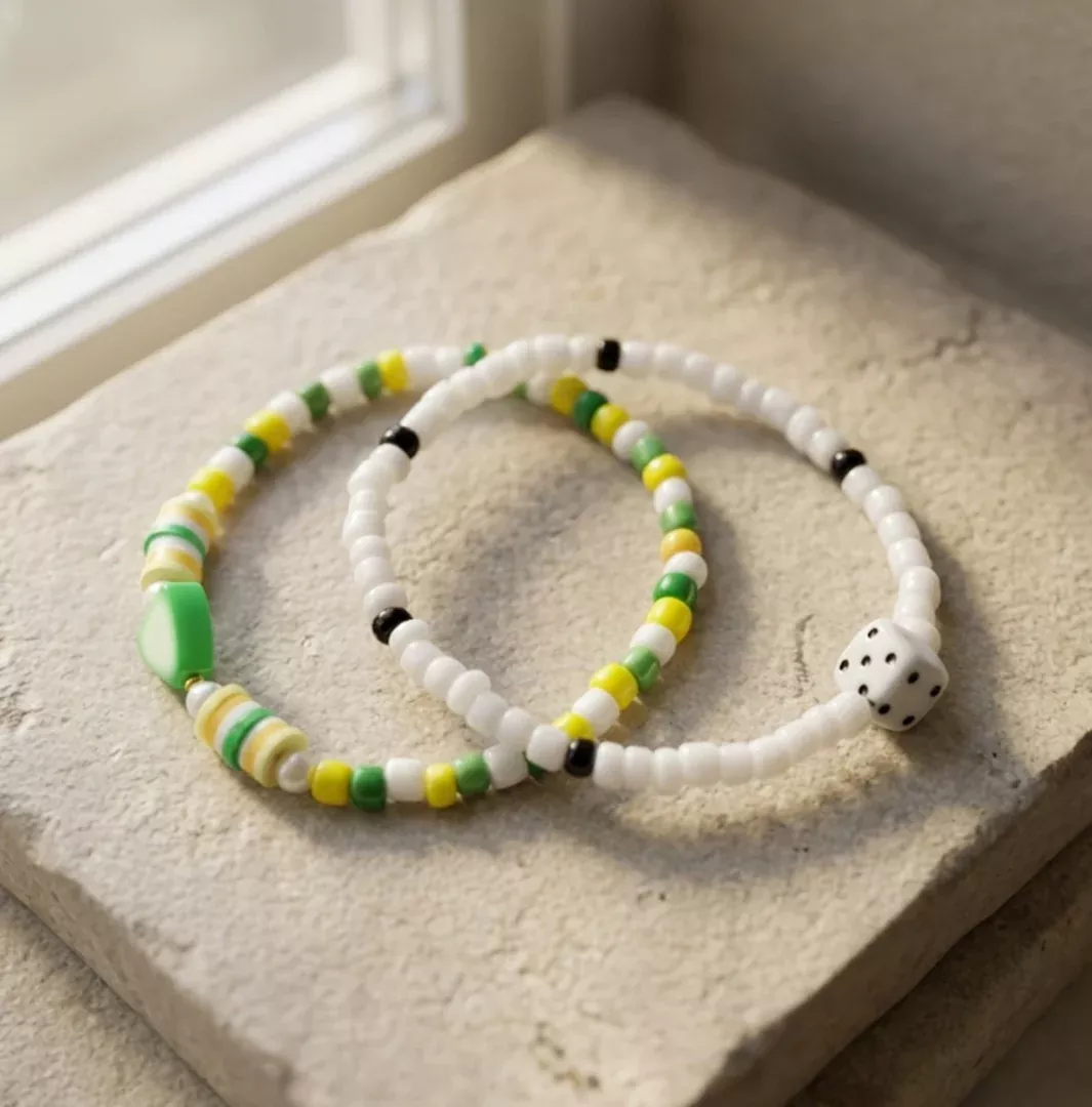 Handmade Green & White Beaded Bracelet Set (2 pcs) – Dice Charm, Striped Beads & Fun Star Accents, Playful Jewelry Gift for Kids/Teens