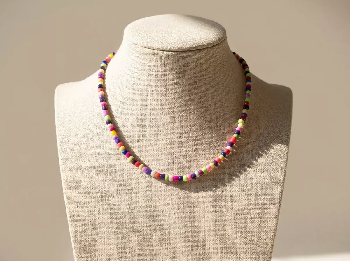Handmade Multicolor Candy Beaded Choker, Vibrant Rainbow Seed Bead Necklace.