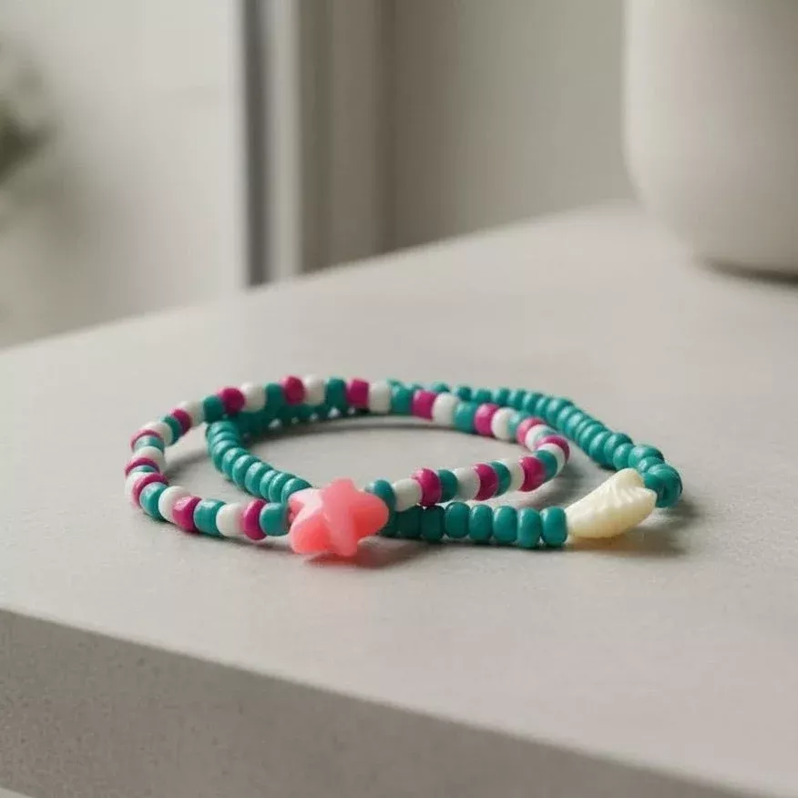 Handmade Ocean Theme Bracelet Stack, Dainty Shell & Star Charms in Teal/Pink, Cute Personalized Gift for Beach Lovers
