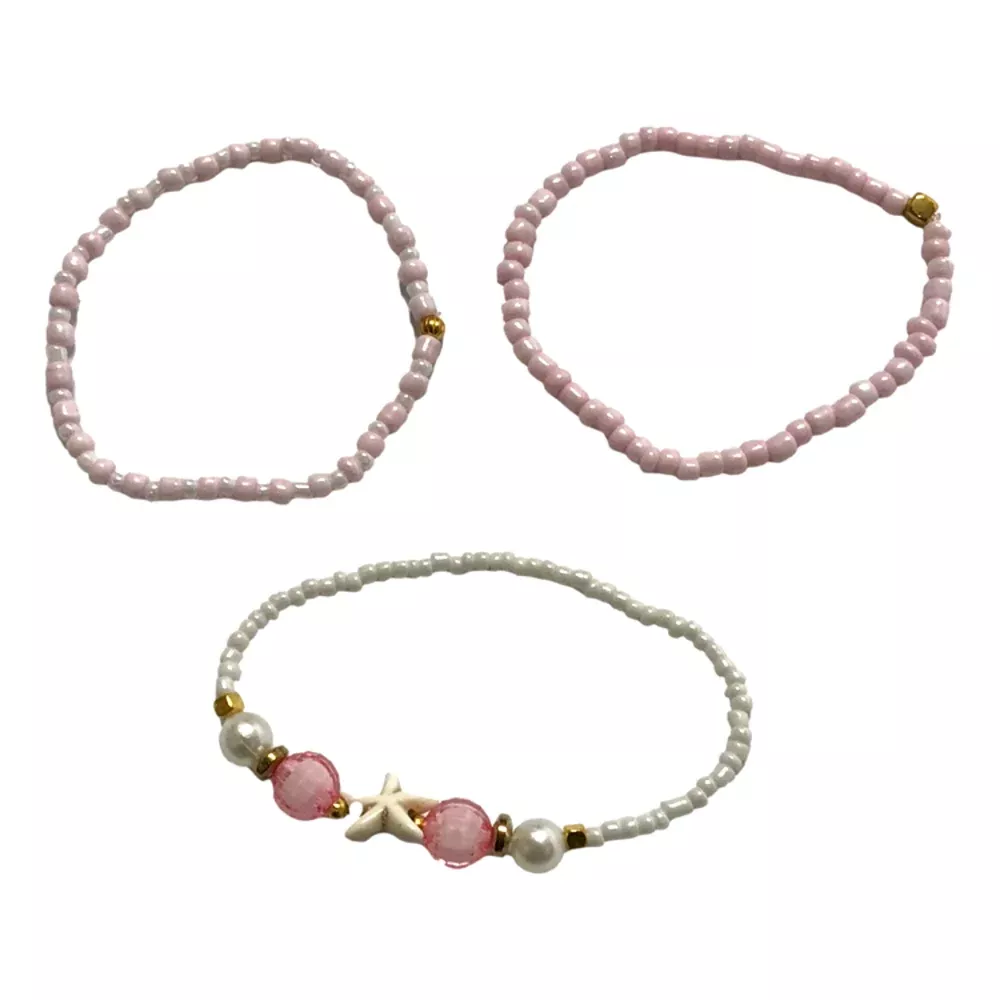 Handmade Pastel Pink White Gold Beaded Bracelet Set, Starfish Charm, Boho Ocean Jewelry