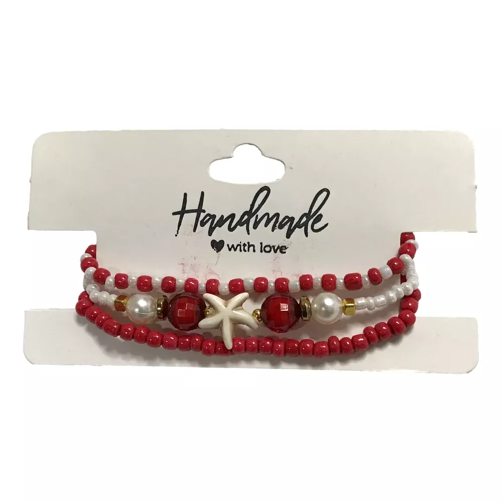 Handmade Red White Gold Beaded Bracelet Set, Starfish Charm, Boho Ocean Jewelry