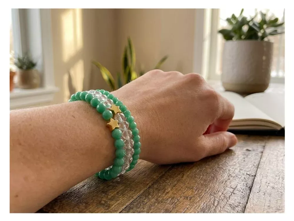 Handmade with Love Jade-Tone and Clear Crystal-style Beaded Bracelet Set