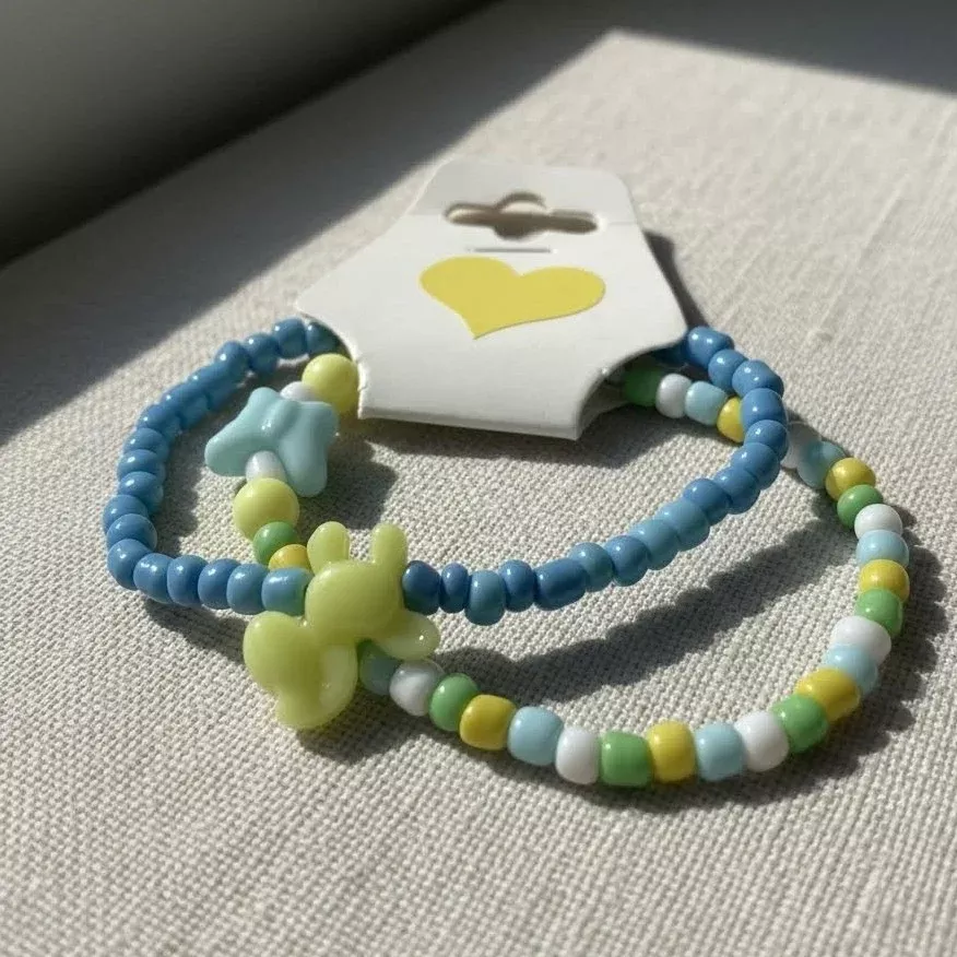 Kawaii Bunny and Butterfly Beaded Bracelet Set, Pastel Seed Bead Jewelry.