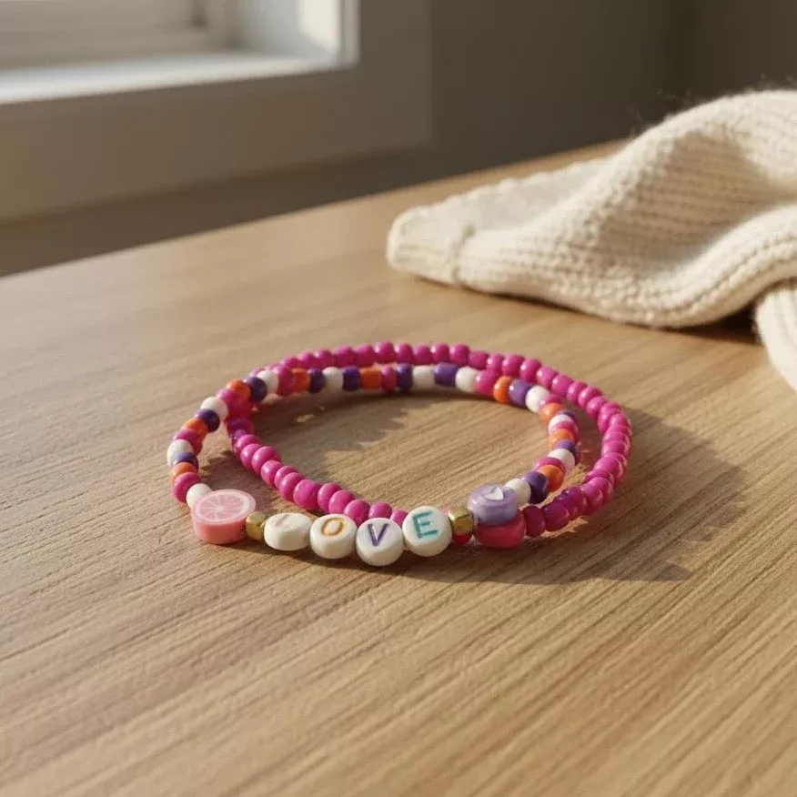 Love Letter Bracelet Set, Pink & Purple Fruit Charm Stack, Personalized Beaded Jewelry for Kids & Teens
