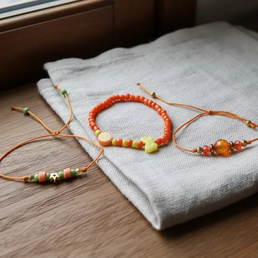Orange Yellow Mint Bracelet Stack, Handmade Beaded Friendship Bracelets, Lemon Lime, Butterfly & Crown Charm Jewelry