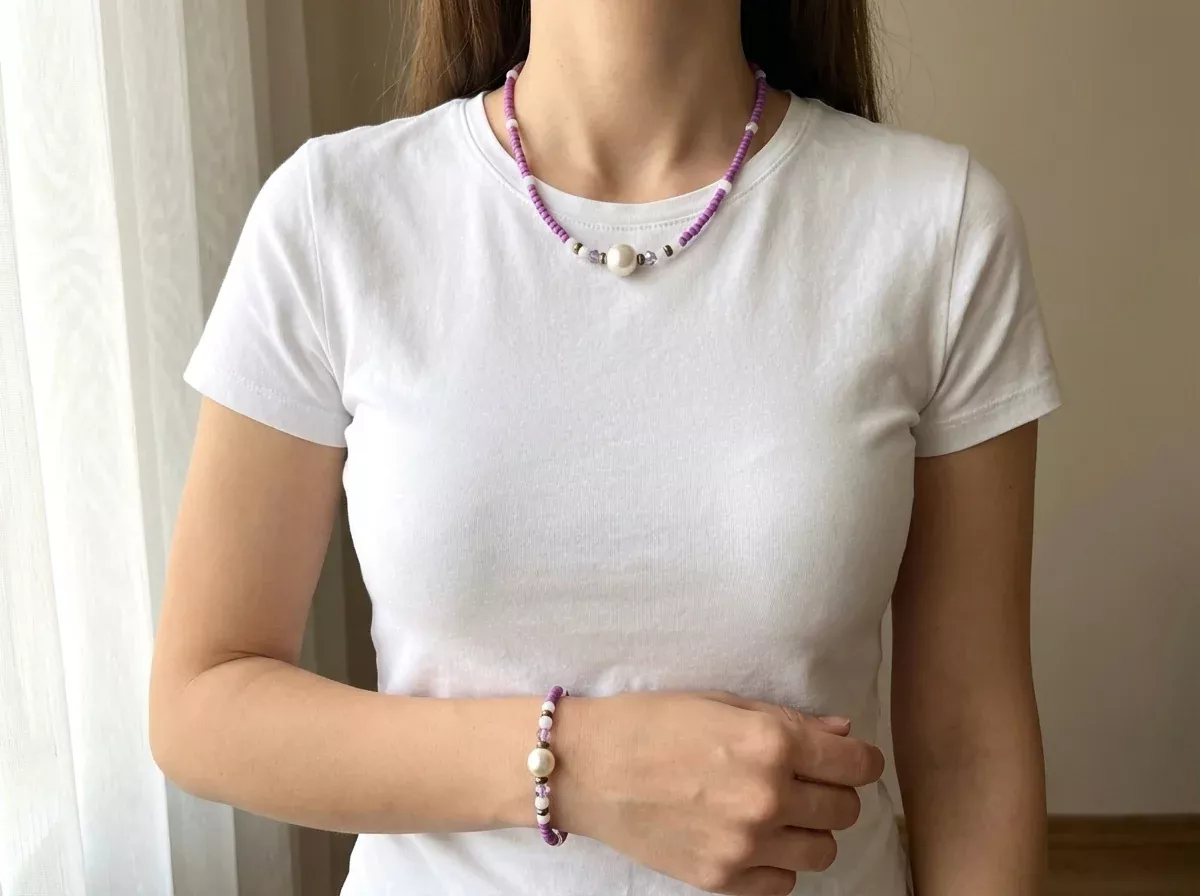 Purple Beaded Necklace and Bracelet Set Faux Pearl Charm Jewelry Coquette Aesthetic Pastel Choker