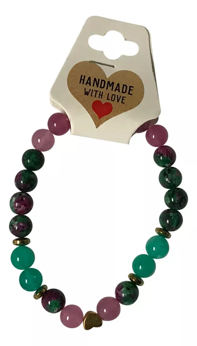 Ruby Zoisite Green Aventurine & Pink Jade Beaded Bracelet with Heart Charm Stretch Boho Gemstone Natural Stone Jewelry