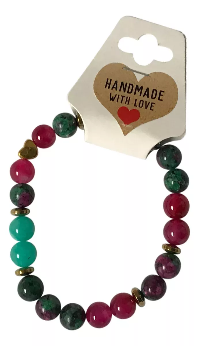 Ruby Zoisite Inspired Colorful Gemstone Beaded Bracelet Handmade Stretch Boho Jewelry Gift for Her, Pink Green Teal Beads with Heart Charm