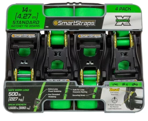 SmartStraps 14 ft. Green Premium RatchetX Tie Down Strap, 500 lb., 4-Pack, 4561
