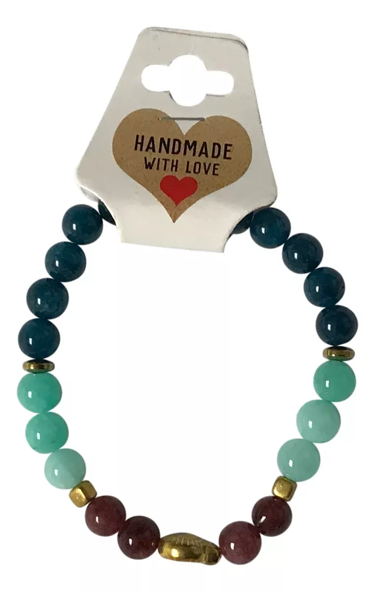 Teal and Mint Beaded Bracelet with Gold Center Accent, Stretch Boho Handmade Gemstone, Stacking Natural Stone, Gift for Her