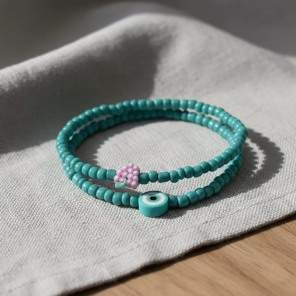 Turquoise Beaded Bracelet Set with Evil Eye Charm, Stretch Seed Bead Handmade Stackable Jewelry