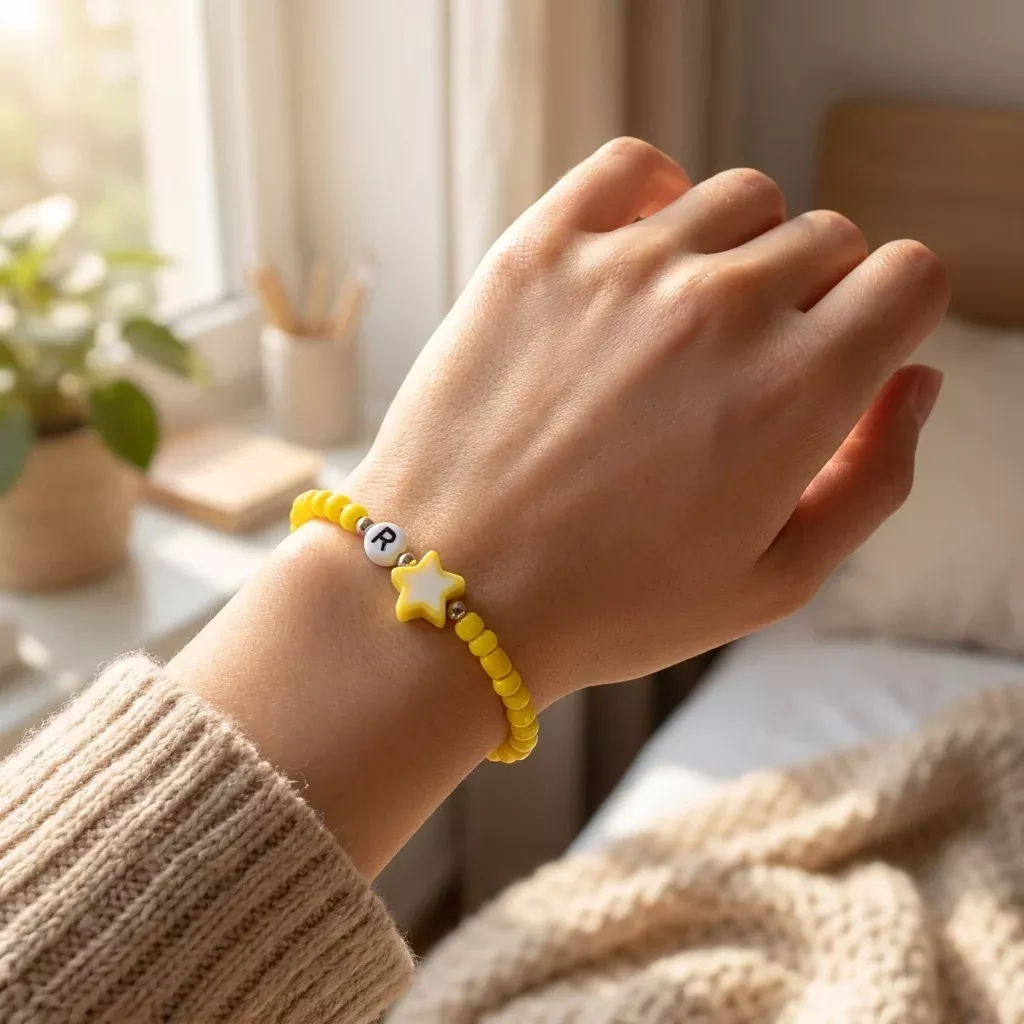 Yellow Seed Beaded Bracelet with Star Charm and Initial Letter Bead — Handmade Cute Stackable Stretch Jewelry, Minimalist Summer Gift